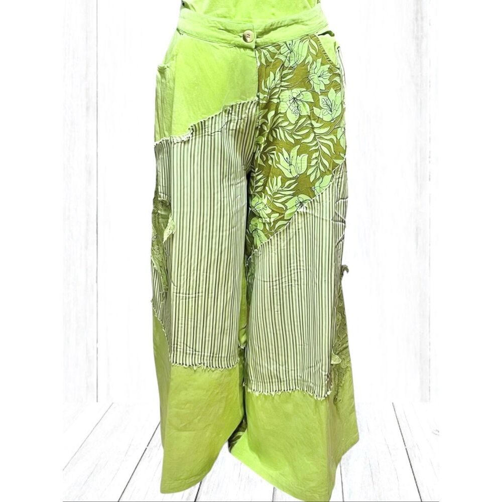 POL Striped Floral Patchwork Wide Leg Pants Green Boho Star Patch Palazzo NEW - Picture 10 of 12